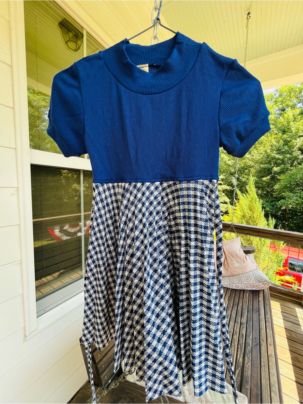 ‘80s Girls' Navy Blue Top & Houndstooth Skirt Dress